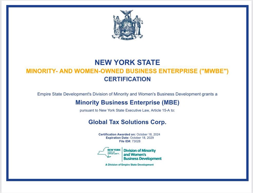 Certificado del Estado de Nueva York: Global Tax Solutions Corp., Minority Business Enterprise (MBE)